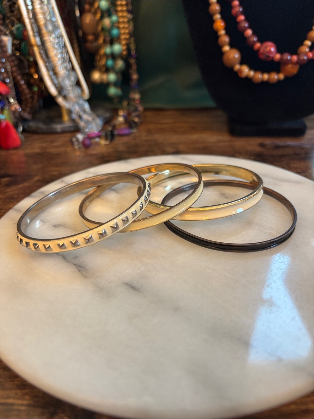 Cream and Black Mixed Metal Bangle Set - Women's Jewelry